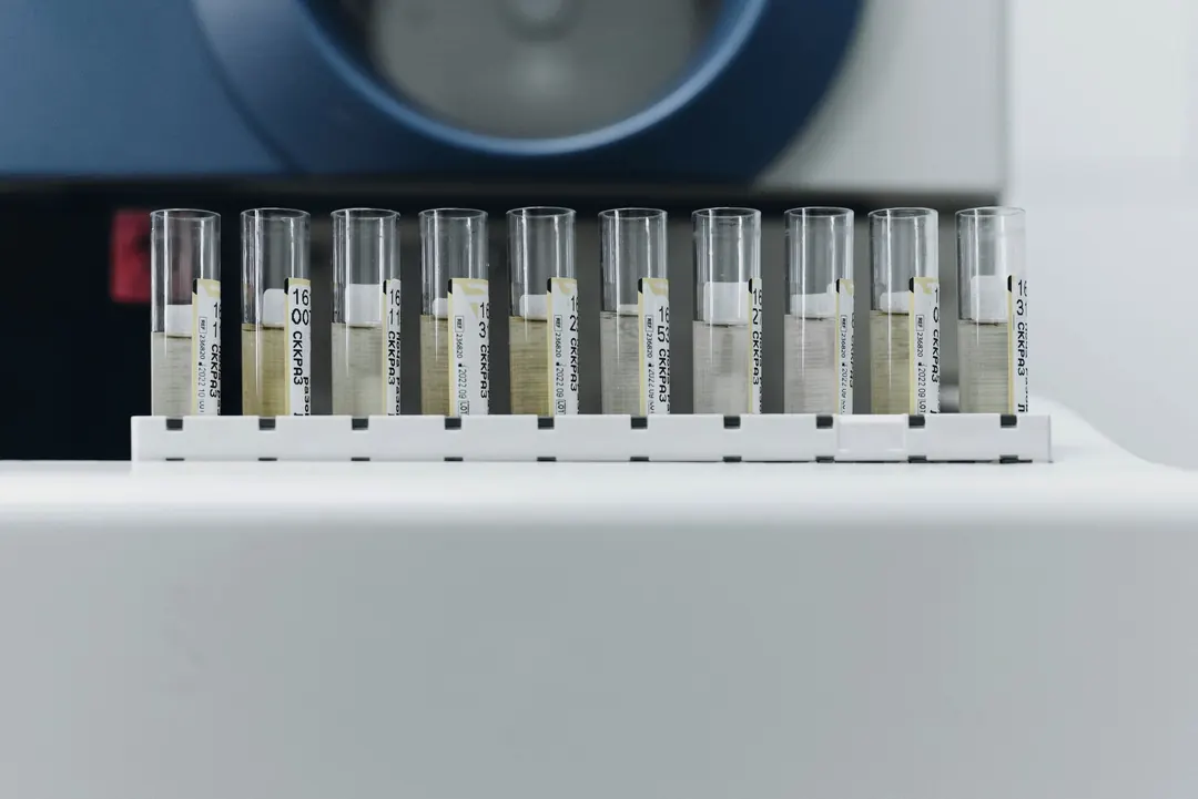 A row of labelled sample tubes in an instrument.